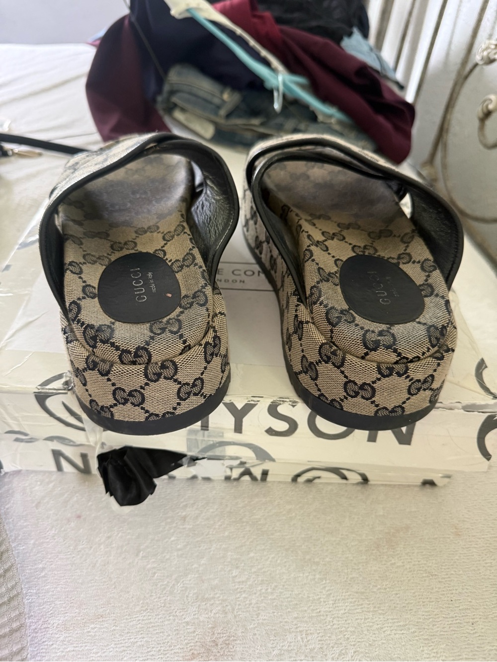 Excellent Preowned Condition Authentic Gucci Monogram Cross-Strap Wedge Slides - Picture 7 of 16